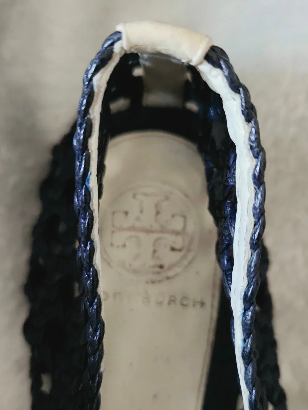 Tory Burch Navy Raffia-Trim Bow Flats